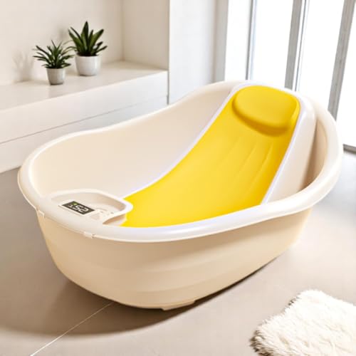 Image of CRADLEVE Baby Bathtub with Temperature Sensor, Anti-Slip Design, Infant Bath Tub with Spine Support Rack, BPA-Free, Comfortable Bath for Newborns, 0-18 Months (Yellow)