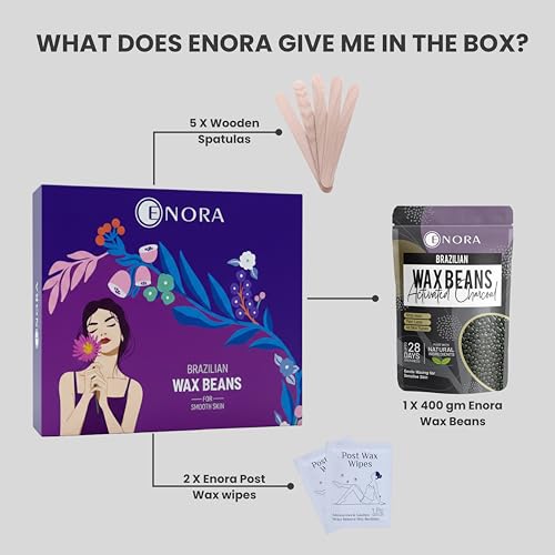 Image of ENORA Brazilian Stripless Wax Beans for Women (400g) | With Wooden Spatula | Natural | For Face, Chin, Hairline, Bikini Area & Full Body Hair Removal (400 Gram, Activated Charcoal)