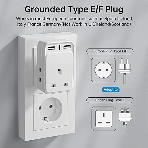 European to UK Plug Adaptor Travel Adapter with 3 USB Ports and 2 Shaver Adapter, Grounded European Power Plug Adapter for Germany France Iceland Poland Spain Russia and More (Type E/F)