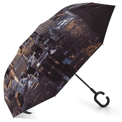 QMNBTES Paraguas invertido de la ciudad de Nueva York, resistente al viento, para lluvia, protección solar UV, paraguas boca abajo, paraguas portátil compacto de viaje, cierre de apertura automática