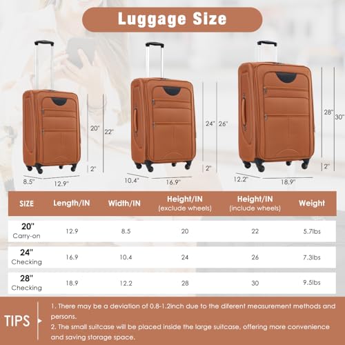 3-Piece Expandable Lightweight Softshell Luggage Set with Suitcase & Duffel Bag, Upright Spinner Wheels for Travel (Orange + Polyester)3