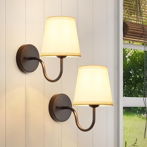 Smeike Wall Sconces Sets of 2, Bathroom Vanity Sconces Wall Lighting, Indoor Wall Lights with Light Beige Fabric Shades, Black Wall Mounted Lamps for Bedroom Living Room Hallway Kitchen, Hardwire