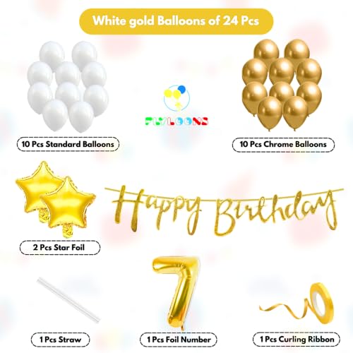 Image of Flyloons 7th Happy Birthday Decoration Kit Gold White for Boys Girls Kids Twins Men Women With 20 Pcs Chrome Balloons Birthday Banner 2 Pcs Star Items Set Golden
