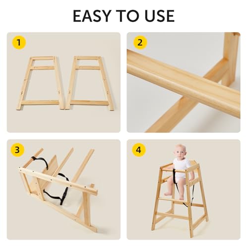 Image of 4 Pack Wooden High Chairs for Babies and Toddlers, Restaurant-Style Stackable High Chair with Commercial Grade Solid Wood for Dining Table & Kitchen, Easy to Clean Baby Booster Seat -Natural