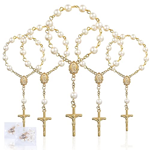 SWAWIS 30 Piezas Rosarios de Bautismo Mini Rosarios de Dedo de Cuentas de Perlas de Imitación para Bautizo de Comunión de la Boda de la Fiesta, Oro