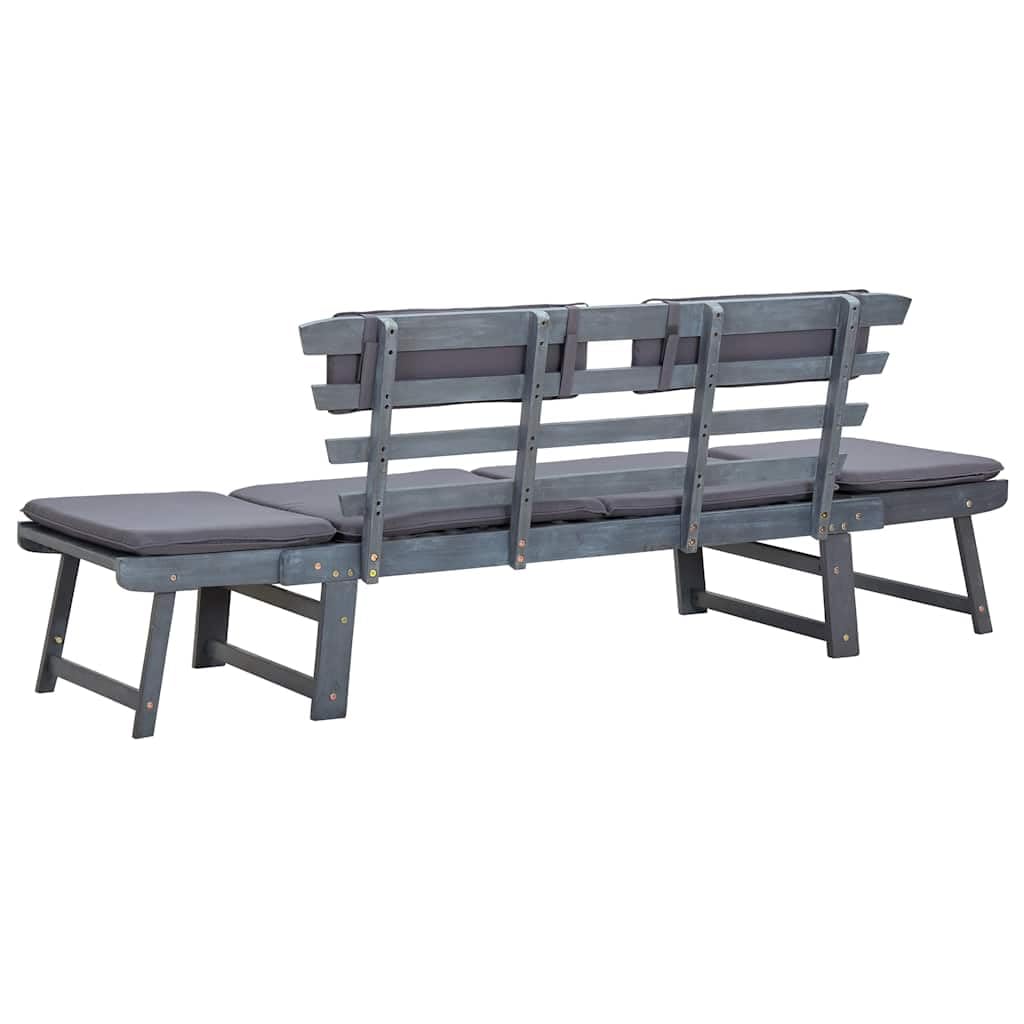 Banco de jardín de madera de acacia 2 en 1, 190 cm, gris, con cojines, banco plegable con laterales ajustables y fundas de almohada extraíbles