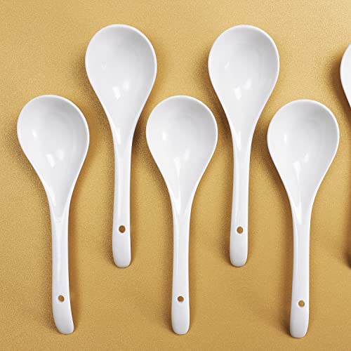 Image of Buyajuju 6-Piece Porcelain Asian Soup Spoons, 9 Inch, White, Japanese Style, Dishwasher Safe