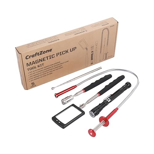 5-Piece Magnetic Pickup Tool Kit - Great Gift for Mechanics - Auto Repair & DIY - Find Nuts/Bolts/Screws - Includes 1lb & 10lb Telescoping Magnets - 360°Mirror & LED Light for Workshop Use