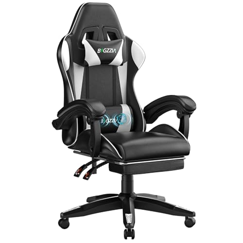bigzzia Gaming Stuhl mit Massagefunktion und Fußstütze, Ergonomischer Gaming Chair Verstellbare Rückenlehne 90-135°, Gaming Sessel mit Massage-Lendenkissen und Kopfstütze, Gamer Stuhl, Weiß