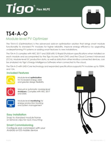 Image of Tigo TS4-A-O Module Add-On Rapid Shutdown, Optimization, 1500V UL /1000TUV, 1.2M Cable, MC4 Genuine Connectors, Part No. 461-00252-32
