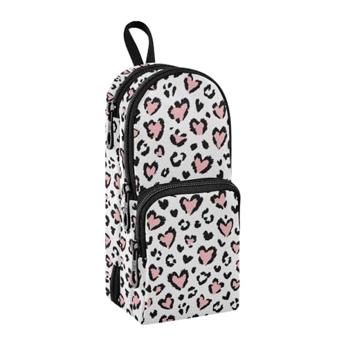 Image of Leopard Print Pink Heart Pencil Case Big Capacity Pen Bag with Compartment Students Schoolbag Shape Stationery Organizer Pencil Pouch Marker Case for School Office Work