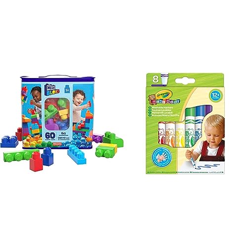 MEGA Bloks Sac Bleu, Jeu de Blocs de Construction, 60 pièces, Jouet pour bébé et Enfant & Crayola Mini Kids - Loisirs Créatifs - 8 feutres lavables - dès...