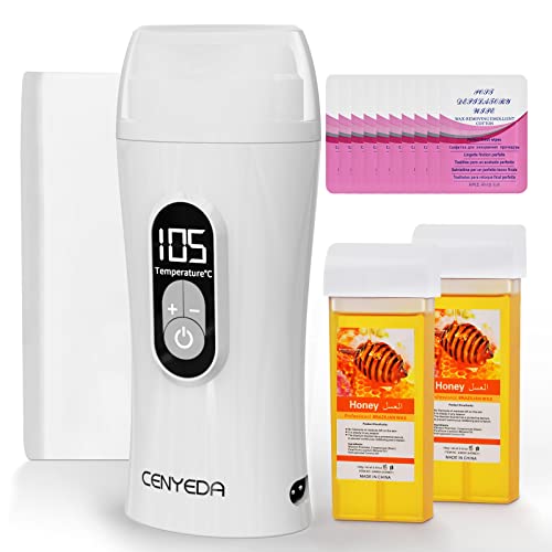 CENYEDA Roll On Wax Kit, Honey Wax Roller Waxing Kit for Women, Digital Roll On Wax Warmer for Hair Removal, Soft Wax Heater for Sensitive Skin(White)
