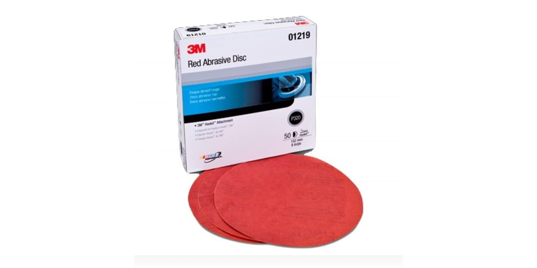 3M Hookit Red Abrasive Sanding Discs, 01219, No Hole, 6 in, 320+ Grade, Pack of 50 Discs, for Auto Sanding, Primer Sanding, E-Coat Sanding — image 1