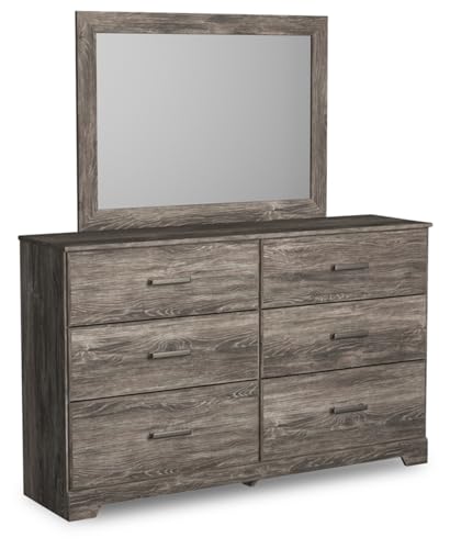 Signature Design by Ashley Ralinksi Vintage Smooth-Gliding 6-Drawer Dresser and Mirror with Safety Stop, Wood, Pewter-Tone Handles, Smooth Gliding Drawers, Gray