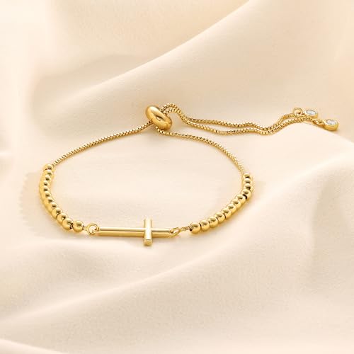 Gold Beaded Bracelets for Women, Dainty 14K Gold Plated Beaded Charm Bracelets for Women Trendy Gold Ball Stretch Bracelets Non Tarnish Fashion Jewelry for Women Cute Gifts Adjustable 6