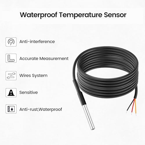 Aideepen 5 Stuck Temperatursensor, 5m Kabel Wasserdicht Temperaturfühler digitaler Edelstahl Temperatursensor kompatibel mit Arduino und Raspberry Pi inklusive E-Book, kompatibel mit Shelly