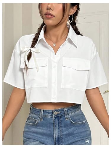MakeMeChic Women's Cropped Button Down Shirt Collar Short Sleeve Pocket Crop Tops4