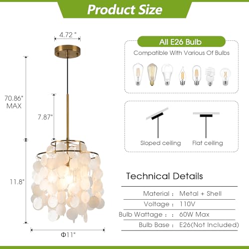LAMKNVS White Shell Pendant Lights, Brushed Brass Coastal Seashell Chandelier Metal 2 Tiers Ceiling Hanging Light Fixture for Kitchen Island Dining Room Entryway Bedroom Foyer, E26 Socket - Image 3
