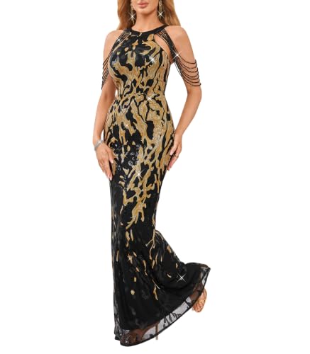 Image of Cololura Women Sequin Halter Tassel Mermaid Formal Maxi Dress Evening Gown