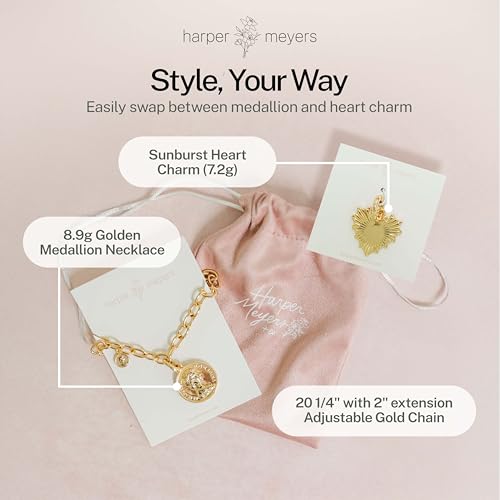 Harper Meyers Gold Medallion Necklace & Sunburst Heart Charm Bundle – Bold Statement Jewelry for Women – Interchangeable Gold Pendant & Heart Charm – Elegant Necklace Gift for Any Occasion3