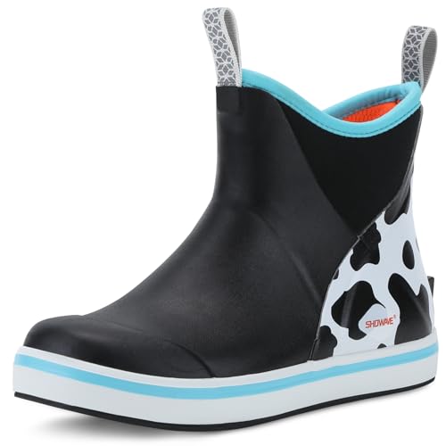 Showave Kid's Deck Boots Waterproof Ankle Rain Boots for Boys Girls Insulated Neoprene Rubber Boots Non-slip Child Rain Shoes (Cow Print,6 Big Kid)