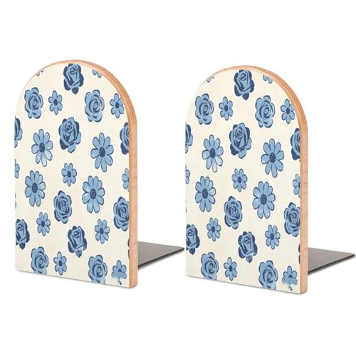 Sujetalibros con estampado de flores azules decorativo, soporte para libros de madera resistente 2