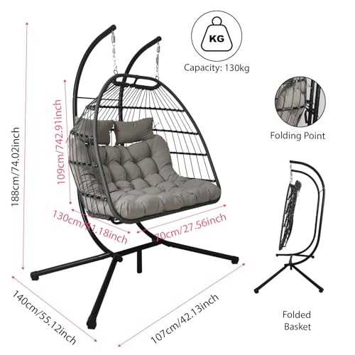 Egg Chair Garden Swing Double Seat Rattan Foldable Hanging Hammock with Cushions Stand UV Resistant Outdoor Indoor Furniture (Light Grey) - Image 4