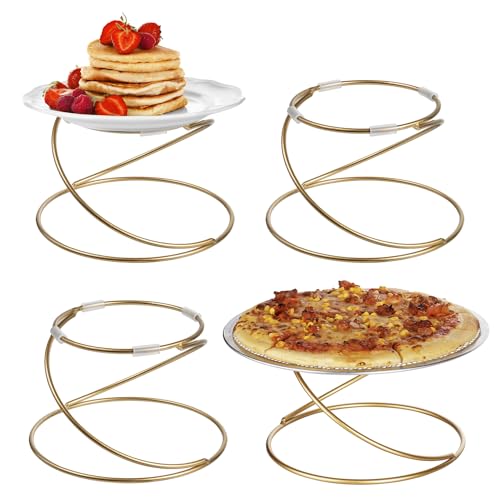 MyGift Modernos pedestales de bandeja de pizza en espiral de alambre de metal en tono dorado, soportes elevadores de platos de mesa, soportes para platos de comida o bandeja de postre, juego de 4