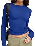 Trendy Queen Womens Long Sleeve T Shirts Fall Fashion 2026 Basic Crop Tops Going Out Workout Outfits Y2k Clothes Royal Blue M