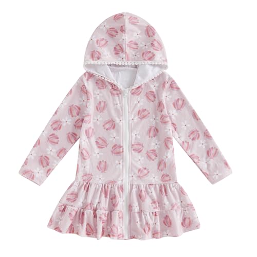 Image of Girls Terry Cloth Swim Cover Up Zip Up Hooded Bathing Suit Coverup Wraps Rufled Kids Pool Beach Robe Cover-Up Dress