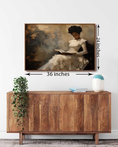 Image of KISSFOX Vintage Framed Wall Art Decor Victorian African American Pictures Paintings Wall Decor Moody Black Girl Reading A Book Canvas Art Prints Modern Farmhouse Black Woman Artwork For Kitchen