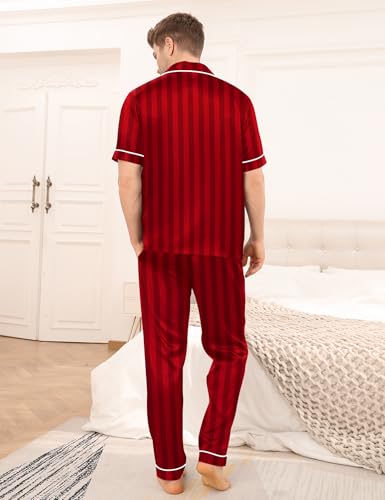 Image of SWOMOG Mens Satin Pajama Set Short Sleeve Classic Sleepwear Button Down Silky Loungewear with Long Pants