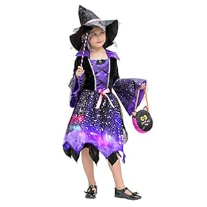 EOZY-Disfraz de Bruja para Niñas Disfraz de Cosplay Infantiles Disfraz de Fiesta de Halloween y Carnaval Incluido Vestido de Bruja y Sombrero de Bruja y Palo de Hadas y Bolsa de Dulces
