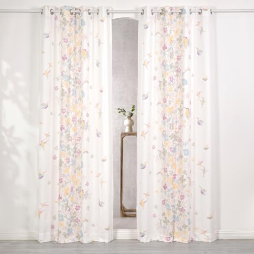 Image of Tranquebar Curtain Co. Floral Print Door Curtain - Room Darkening, 244 cm (8 Feet), Pink Yellow, Set of 2, 100% Cotton Fabric, Eyelet, Design Frida - Door Curtains 8 Feet Long,Eyelets
