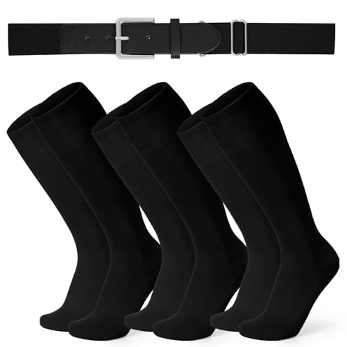 XZQTIVE 3 Pairs of Baseball Socks and 1 Baseball Belt Combo Set Adjustable Softball Belt and Softball Socks for Youth Adult