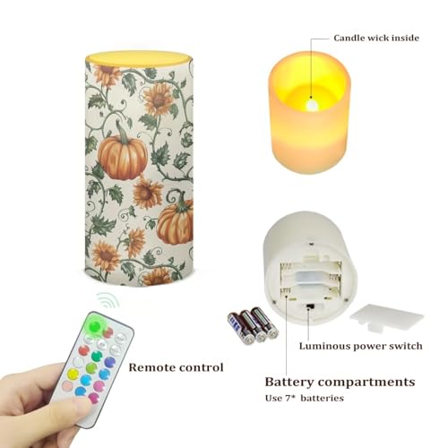 Image of Poceacles Pumpkin Sunflower Cream White Flickering Flameless LED Battery Candles Pillar Candles Tealight with 18-Key Timer Remote with Colorful Light for Indoor Outdoor Home Fall Autumn Decor