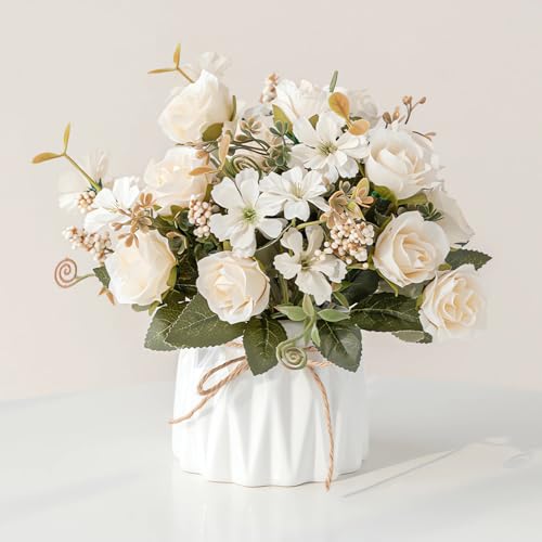 AUSHOPLAH Flores artificiales, flores artificiales como reales, flores artísticas en jarrón, macetas pequeñas de escritorio, flores decorativas para bodas E18 (Q blanco)