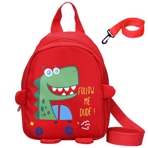 Kids Toddler Mini Backpack for Girls Boys Cartoon Dinosaur Cars Bookbag with Anti-Lost Harness Preschool Travel Bags (Red)