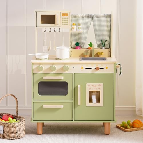 Image of ROBUD Wooden Play Kitchen Set, Pretend Play Kitchen for Kids, Toy Kitchen with Microwave, Sink, Stove and Ice Maker, Toddlers Kitchen Playset Gift for Boys Girls, 3+ (Green)