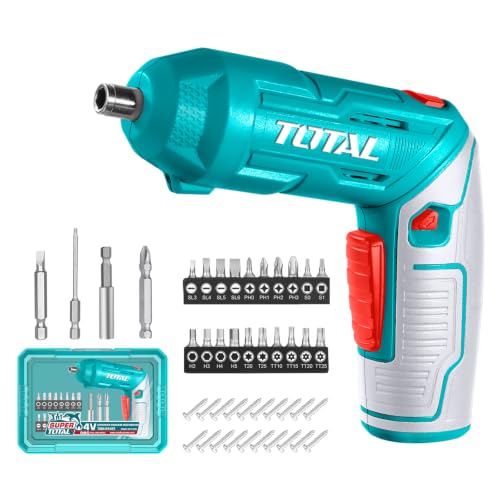 Image of TOTAL 4V Cordless Screwdriver, 4Nm Torque, 240RPM, 23 Cr-V Bits Set | Two-Position Handle, Type-C Charging, Work Light, 1 /4 Inch Hex Shank, Magnetic Connector and Case