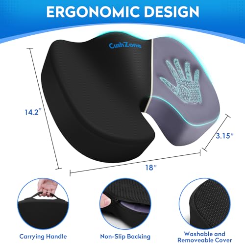 Seat Cushion, Memory Foam Cushion for Office Chair, Car Seat, Airplane, Chair Pad for Postpartum Pregnancy, Sciatica Tailbone Back Pain Relief for Long Sitting Workers, Car Drivers, Black - Image 3