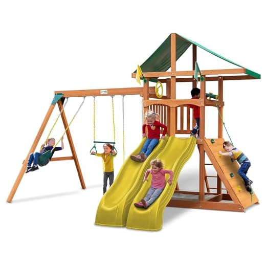 Gorilla Playsets 01-1070-Y Outing Wood Swing Set with Green Vinyl Canopy and Yellow Dual Alpine Slides, Natural Cedar