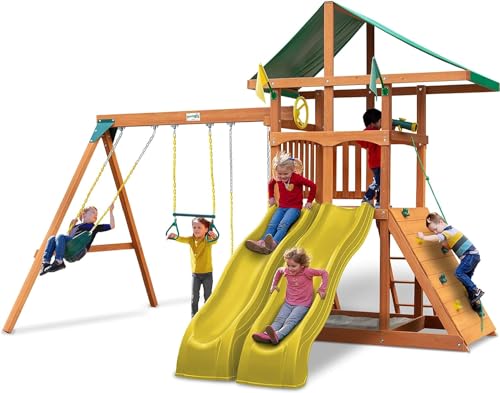 Gorilla Playsets 01-1070-Y Outing Wood Swing Set with Green Vinyl Canopy and Yellow Dual Alpine Slides, Natural Cedar