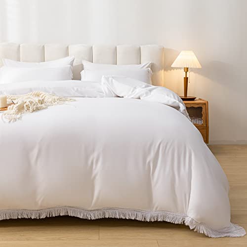 Smoofy 3Pcs Fringe White Tassel Comforter Set Full Boho Bohemian Cute Soft Tufted Microfiber Bedding Sets Modern Style For Men And Women (1 Comforter + 2 Pillowcases) #TOP4