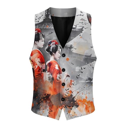 Geisha Japanese Crane Birds Novelty Men's Suit Vest Casual Formal Dress Vests Business Waistcoat3