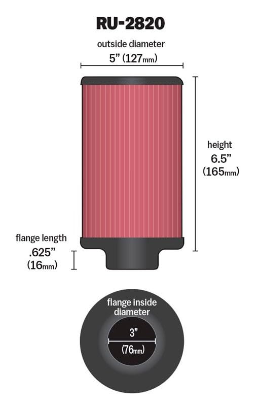 Image of K&N High-Flow Original Lifetime Universal Clamp-On Air Filter: High Performance, Premium, Washable: Flange Diameter: 3 In, Filter Height: 6.5 In, Flange Length: 0.625 In, Shape: Round, RU-2820