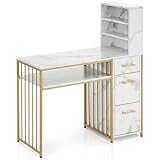 BarberPub Manicure Table with Drawers, Marbling Texture Nail Desk with Storage, Spa Beauty Salon Station, Modern Workstation with Open Shelves 2423 (White)