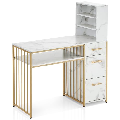 BarberPub Manicure Table with Drawers, Marbling Texture Nail Desk with Storage, Spa Beauty Salon Station, Modern Workstation with Open Shelves 2423 (White)