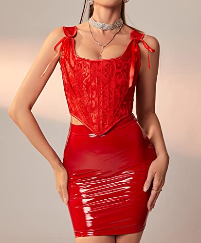 Image of Dreay Womens Vintage Asymmetrical Hem Overbust Corset Tie Front Lace-up Back Bustier Shapewear Top